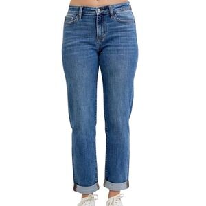 Judy Blue High Rise Boyfriend Jeans Medium Wash Cuffed Distressed Details
